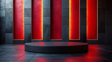 Wall Mural - sleek matte black podium against a minimalistic geometric red and black background powerful atmosphe