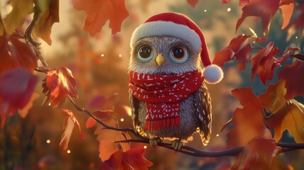 Poster - Adorable Christmas Owl in Autumnal Wonderland: A Festive Winter Scene with a Cute Bird Wearing a Santa Hat and Scarf Among Red Leaves