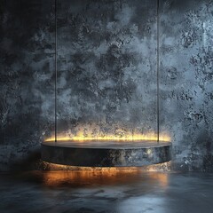 Wall Mural - Glowing Metallic Podium Hovering Against a Dark Industrial Background with Mechanical Textures