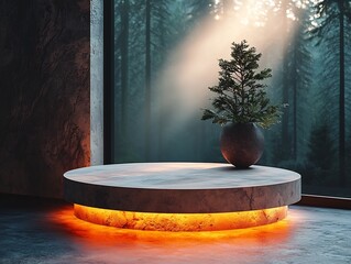 Wall Mural - Minimalist Podium in Misty Forest with Soft Lighting for Product Display and Presentation Concept