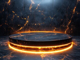 Wall Mural - Illuminated Glass Podium on Sleek Marble Wall Background Showcasing Modern Luxury Product Display Concept