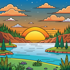 A colorful sunset over a tranquil lake with mountain scenery.