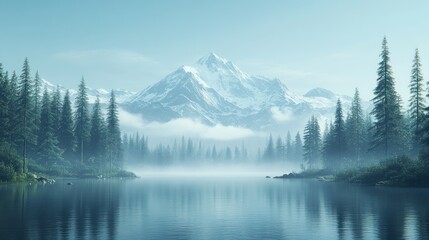 Poster - Misty mountain lake with snow-capped peak reflected in calm water.