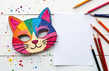 Wall Mural - Top view, handmade. On the left is a paper cat mask, painted with multi-colored pencils, paints and pencils are scattered chaotically nearby on a white wooden table, the mask is made in bright positiv