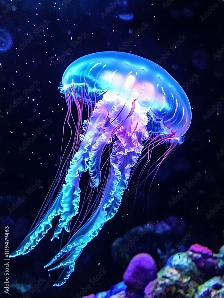 Jellyfish in a deep sea emitting luminescence in a dark sea Stock ...