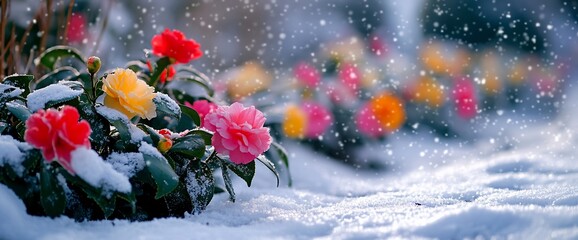 Canvas Print - Colorful flowers covered in snow during a snowfall.