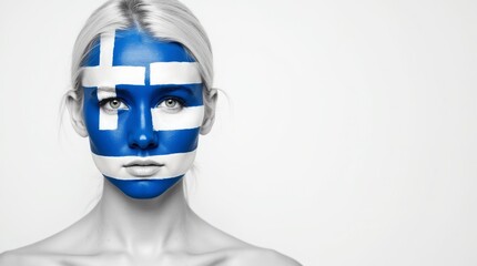 Wall Mural - Woman with Greek flag face paint, serious look, symbolizing national pride