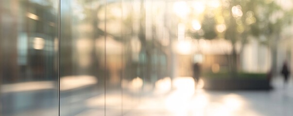 Fototapete - Blurred modern building exterior reflecting warm sunlight and trees