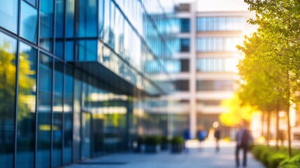 Aufkleber - Blurred modern office buildings with green trees at sunset in a financial district
