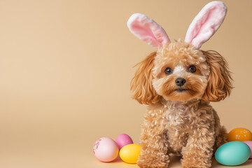 Wall Mural - brown maltipoo dog wearing easter bunny costume on a solid beige studio background with easter eggs 