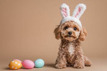 Wall Mural - brown maltipoo dog wearing easter bunny costume on a solid beige studio background with easter eggs 
