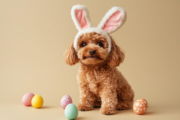 Wall Mural - brown maltipoo dog wearing easter bunny costume on a solid beige studio background with easter eggs 