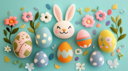 Wall Mural - cute, colorful felt easter eggs and bunny on a pastel background.