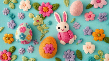 Wall Mural - cute, colorful felt easter eggs and bunny on a pastel background.