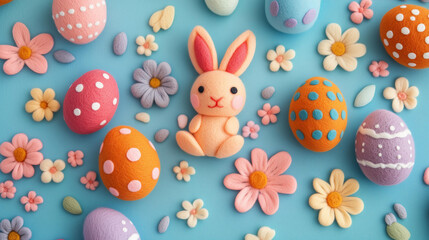 Wall Mural - cute, colorful felt easter eggs and bunny on a pastel background.