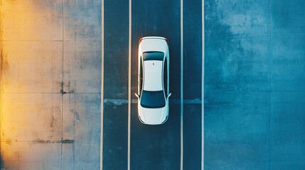Fototapete - White car parked on empty parking lot at sunset, aerial view