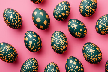 Wall Mural - top view easter pattern of dark green easter eggs decorated with golden folklore ornaments isolated on pink background