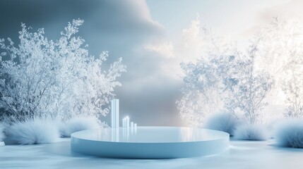 Wall Mural - Winter-Inspired Frosted Glass Podium with Elegant Snowy Accents