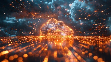 Digital informational technology web futuristic hologram with cloud icon, blue golden light digits and code background