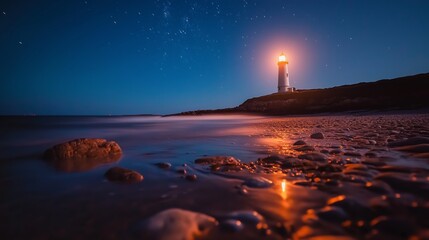 Wall Mural - bright lighthouse illuminates coastline at night with shimmering sea reflections and starry sky