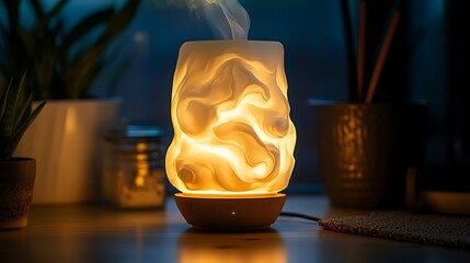 Canvas Print - Illuminated ceramic diffuser emitting vapor, on wooden surface.