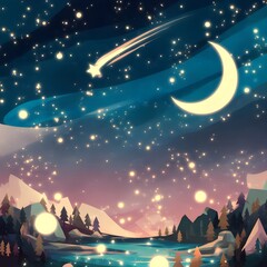 dreamy celestial illustration of the night sky with stars and a crescent moon.