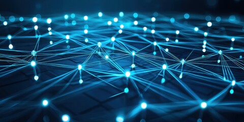 Fototapete - A complex web of luminous blue nodes linked by delicate lines floats in a dark environment, symbolizing advanced technology, innovation, connectivity, and digital communication.