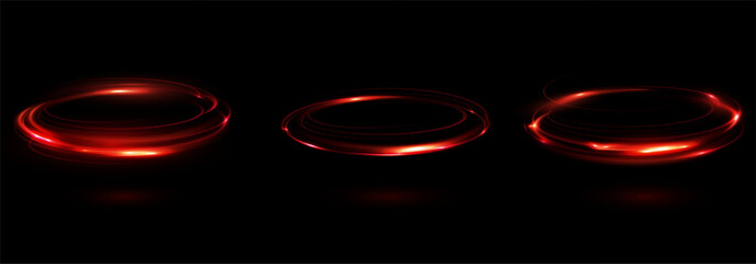 Poster - 
Circular light trail. Red neon circle of light. Red glowing rings of light rotate.