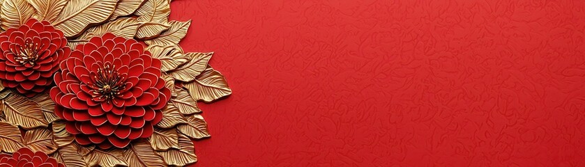 Wall Mural - A vibrant red background adorned with intricate golden leaves and striking red flowers, creating a bold and festive appearance.