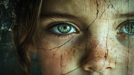 A distressed, lonely, and adorable young girl's face in a background portrait of a young, Caucasian woman\