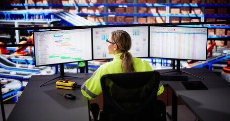 Poster - Logistics Warehouse Manager Using Desktop Computer