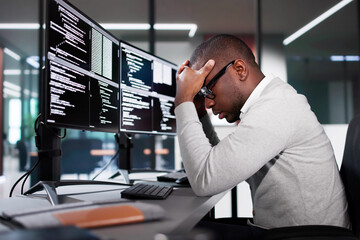Fototapete - Unhappy Sad Developer Programmer Man In Stress Coding Software