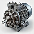 © Marina - Close-up of an industrial electric motor on a white background. AI generated.