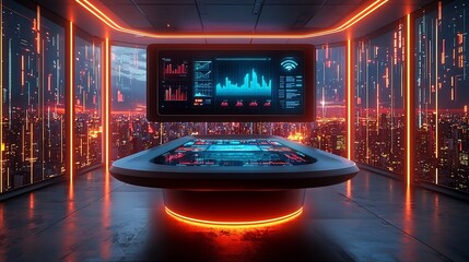 Poster - Futuristic Holographic Office Desk with Glowing Business Analytics and Real Time Market Trends Display