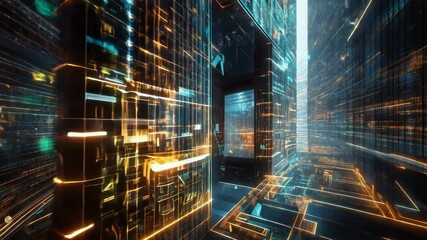 Camera flies through a digital city with data transferring. This futuristic cityscape is perfect for projects related to technology, innovation, and the future