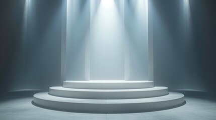 Aufkleber - A pure white, minimalist podium and background. Design an empty, white minimalist space with a spotlit podium. Make the podium with four platforms, each at a different height.
