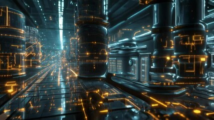 Wall Mural - camera moving forward through a futuristic corridor with glowing lines and reflective surfaces. the 