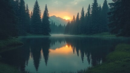 Wall Mural - Misty sunrise over tranquil lake and pine forest.