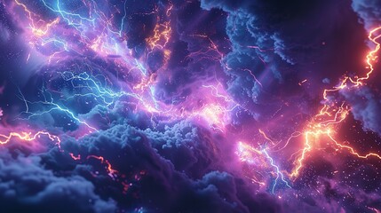 Wall Mural - This photo depicts a striking abstract image of a blue and black background illuminated by multiple lightning strikes