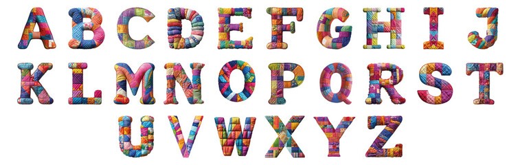 Pack A to Z alphabets Colorful Quilting Style set over Transparent Background for Modern Design Projects, Creative Branding, or Unique Typography Applications