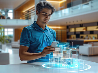 Poster - Young man is standing near a table with a hologram projection of a modern building on it. He holds a phone in his hand. A holographic interface is floating above the smartphone screen.