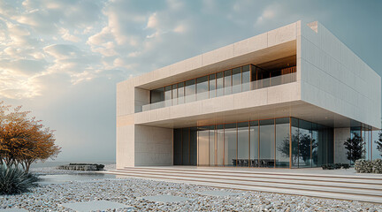 Poster - A modern coastal building with a minimalistic, elegant design, and beach pebbles.