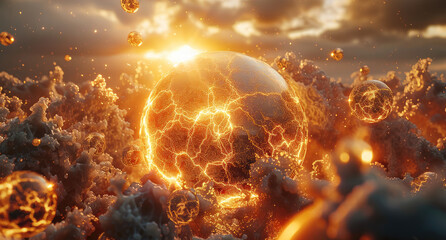 Wall Mural - a sun in muted, warm colors, its surface covered in intricate cracks that softly illuminate with a s