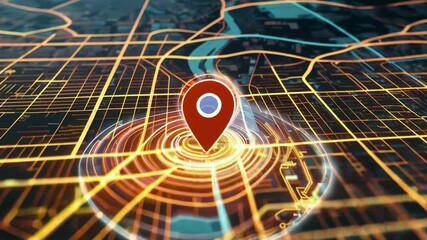 Wall Mural - pulsing red gps pin icon highlights location on a digital city map, representing the tracking of a p