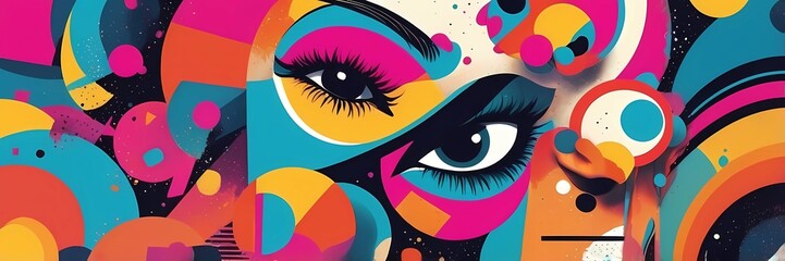 Wall Mural - Wide abstract colorful art paint retro 90s background wallpaper with artistic shapes	