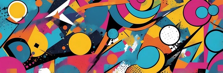 Wall Mural - Wide abstract colorful art paint retro 90s background wallpaper with artistic shapes	