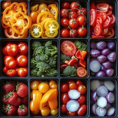 Canvas Print - A colorful and visually appealing top-view composition of various vegetables arranged in rows inside square boxes.