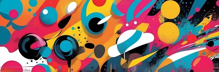 Wall Mural - Wide abstract colorful art paint retro 90s background wallpaper with artistic shapes	
