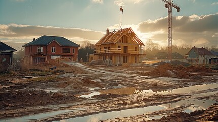 Poster - A construction site with a house far in the background that is being made poorly.