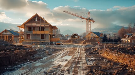 Poster - A construction site with a house far in the background that is being made poorly.